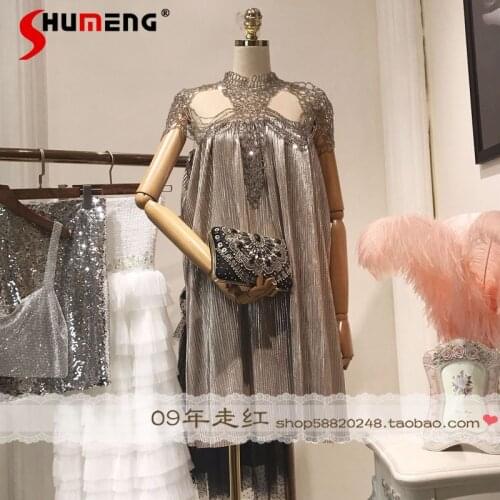 2021 Summer Female Beaded Shawl Pleated --neck Mini Dress Holiday Banquet Party Evening Female New Fashion Above Knee Dress