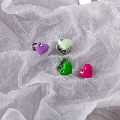 LOVOACC 2021 Summer Colorful Enamel Heart Clip Earrings for Women Girls Shiny Rhinestone Candy Color Love Statement Earrings
