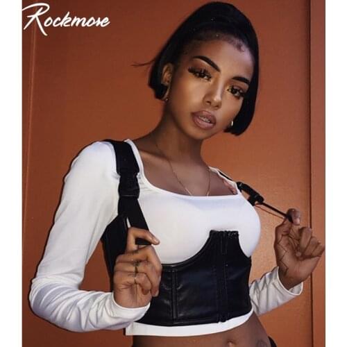 Rockmore Gothic Punk Tank Top Women PU Leather Camis Buckle Strappy Zipper Vest Straps Crop Tops Ladies Streetwear Nightclub