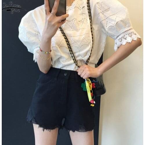 Sweet Puff Short Sleeve Hollow Out Casual Shirt Korean Style Loose Women Blouses Ladies O Neck Female Summer Women Tops 15181