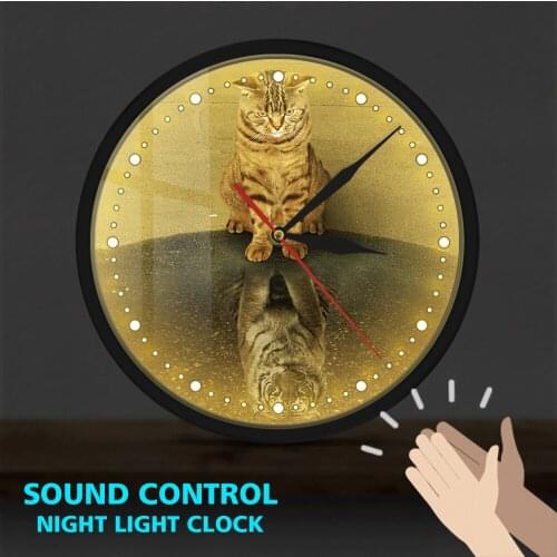 Megalomania Your Inner Soul Cat Reflection Tiger Sound Control LED Wall Clock Metal Frame Inspirational Wall Art Hanging Watch