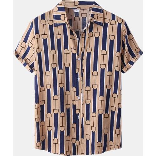 Men Shirt Casual Striped Patchwork Printed Shirts 2021 Summer Loose Short Sleeve Lapel Blouse Vacation Beach Men Clothing Camisa