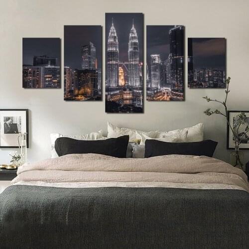 Modern City Tall Building Lights Night View Landscape Frameless Wall Painting Canvas Printing Living Room Decoration 5Pcs Poster