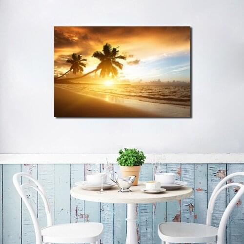 Sunsets Coconut Tree Sea Beach Wall Art Canvas Posters Prints Painting Oil Wall Pictures Living Room Home Decoration Framework