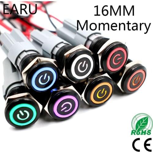 16mm Alumina Black Body Waterproof Press Metal Push Button Switch LED Light 3V 5V 12V 24V 36V 220V Momentary Car Engine PC Power