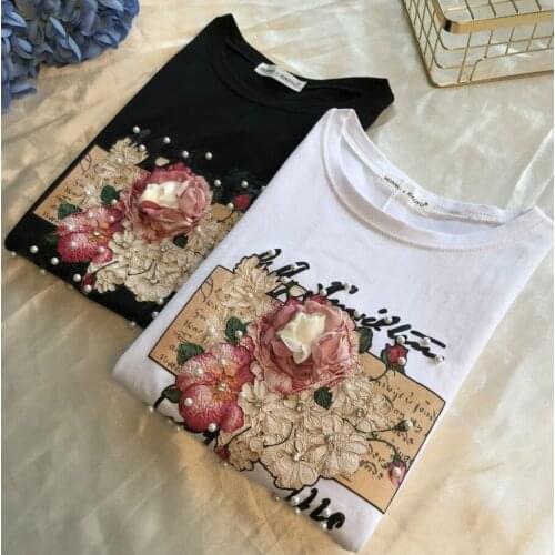 Elegant Floral Embroidery Beading Short Sleeve T-shirt Women 2020 Plus Size 3XL Summer Modis Casual Tshirts