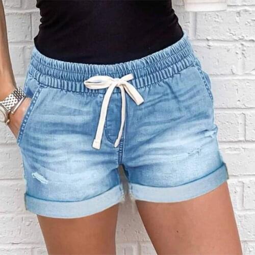 Denim Shorts Womens Summer Clothes Ripped Jeans Elastic Lace Elastic Sexy Mid Waist Washed Holes Blue Denim Shorts Women шорты
