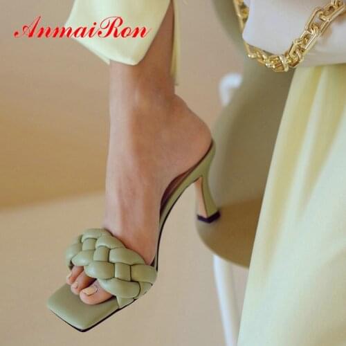 ANMAIRON Microfiber Leather Solid Summer Elegant Slippers Women Silver Shoes for Women Sewing Thin Heels 2020 Women Slippers