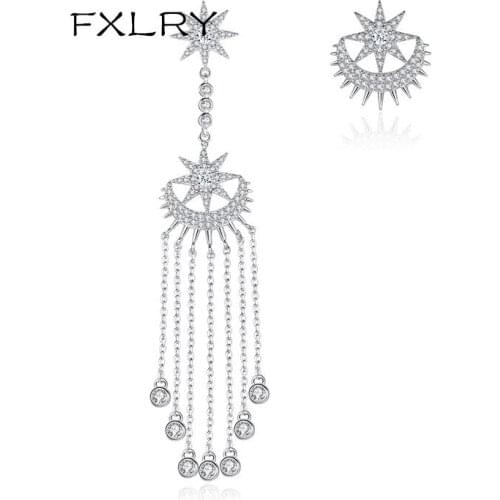 FXLRY new luxury White Color micro inlaid zircon long fringed asymmetrical ladies banquet earrings Jewelry Accessories