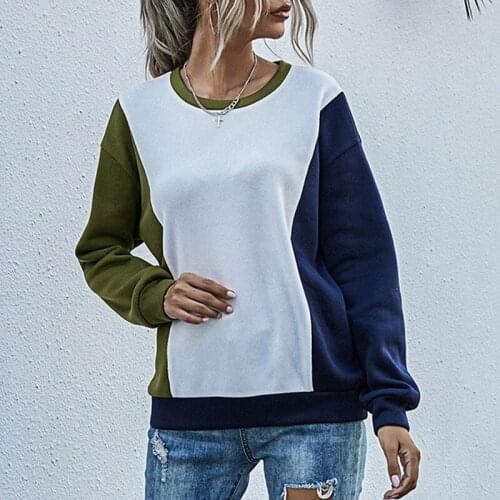 Patchwork Hit Color Womens Sweatshirts For Autumn 2021 O-Neck Long Sleeve Casual Loose Pullovers Korean Ladyies Hoody