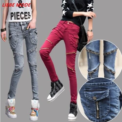 Punk Style Womens Zipper Leg Skinny Jeans Woman Black Gray Red Slim Denim Pants Mujer Vintage Sexy Hip Hop Push Up Jean Femme