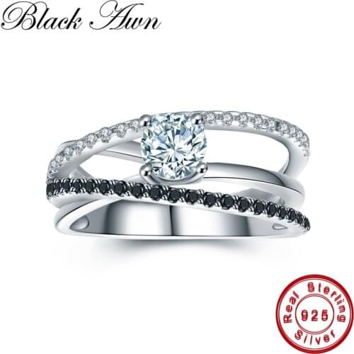 [BLACK AWN] 925 Sterling Silver Jewelry Trendy Wedding Rings for Women Black Spinel Engagement Ring Femme Bijoux Bague C010