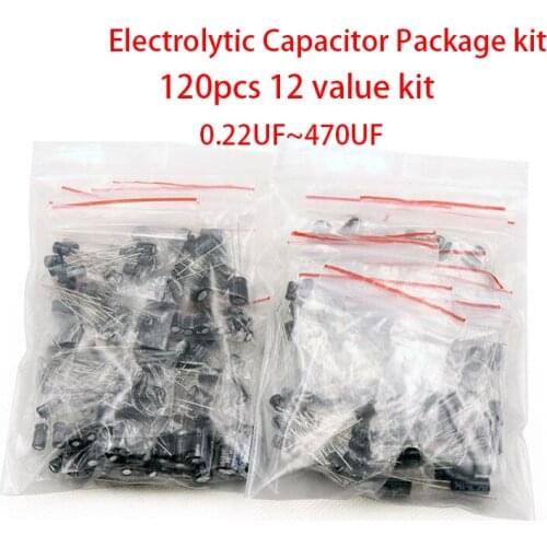 120pcs 12 value kit 0.22UF~470UF Electrolytic Capacitor Package kit 0.22UF 2.2UF 3.3UF 4.7UF 10UF 22UF 33UF 47UF 100UF 220UF