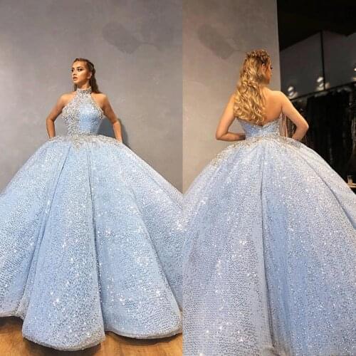 2020 Princess Halter Prom Dresses Beaded Lace Applique Bling Bling Formal Ball Gown Second Reception Evening Gowns Robes