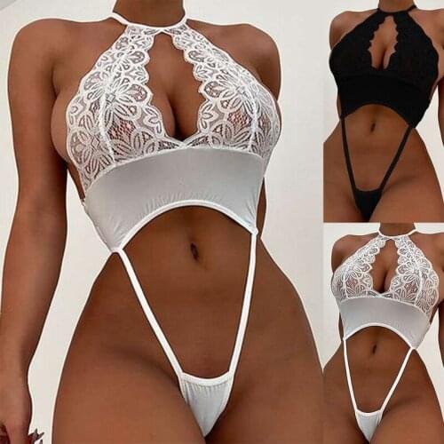 2021 Sexy Women Erotic Bodysuits White Lace Hollow Out Halter Lace Floral Bodysuit Sexy Hollow Out High Waist Teddies