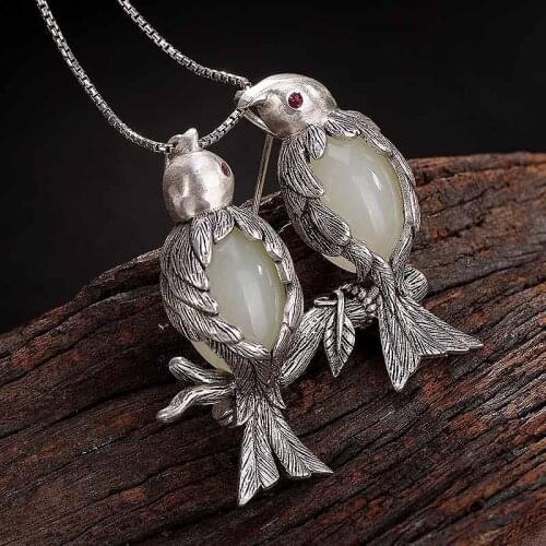 925 Sterling Silver Jade Brooch Magpie Birds Pendant Vintage Brooches For Women Jewelry Luxury OL Suit Pins Jewellery Gift