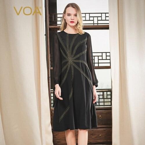 VOA Silk 36m/m Black Heavy Hollow Georgette Long-Sleeved Three-dimensional Organza Decorative Open-Line Dress A10857