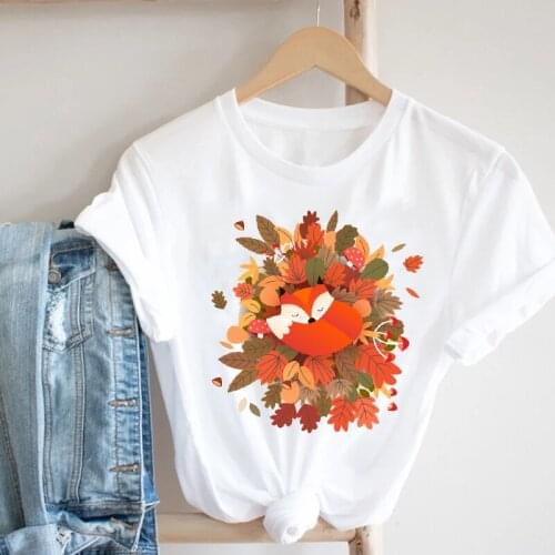FIXSYS Fox Forest Fashion Cartoon Animal Women Clothing Spring Summer 90s Girl Clothes Print Tee Top Tshirt Female Graphic Tops
