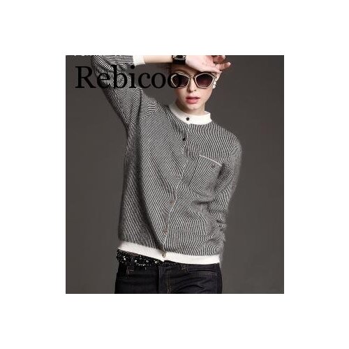 Spring New Women Striped Cashmere Cardigans Korean Round Neck Knit Sweater Coat Short Paragraph