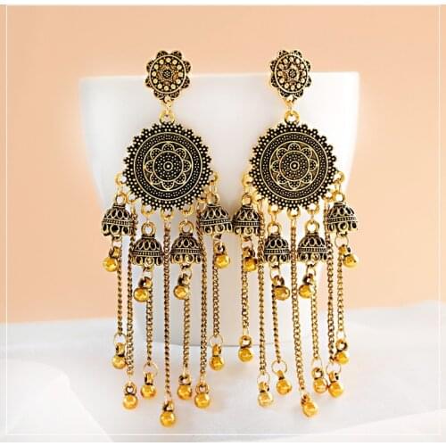Classical Geometric Long Chain Bell Tassel Hanging Earrings Gypsy Afghan Tibetan Jewelry Bohemia India Jhumka Earrings