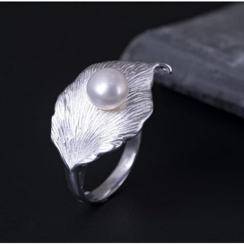 Freshwater Pearl Opening Adjustable Rings for Women S925 Silver Simple Drawn Leaf Ring Vintage Fine Jewelry