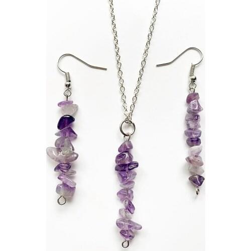 Natural Crystal Purple Earrings and Necklace Set for Girls Women Reiki Healing Stones Crystal Chip Beads Earrings Jewelry Set