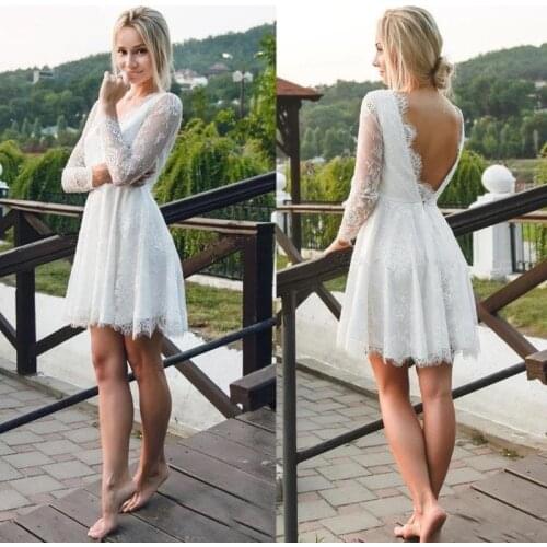 Mini Short Wedding Dresses 2021 V-Neck Long Sleeve Lace Appliques Elegant A-Line Beach Bridal Gown Sexy Open Back Above Knee