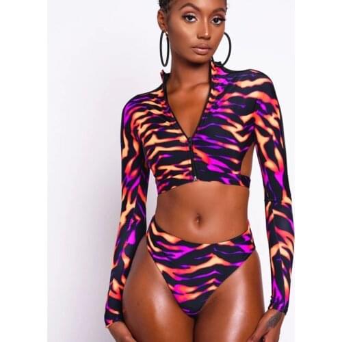 Backless Long Sleeve Swimsuits for Women Two Pieces Padded Swimwear Mid Waist Bathing Suits 2020 New Summer Female African Print