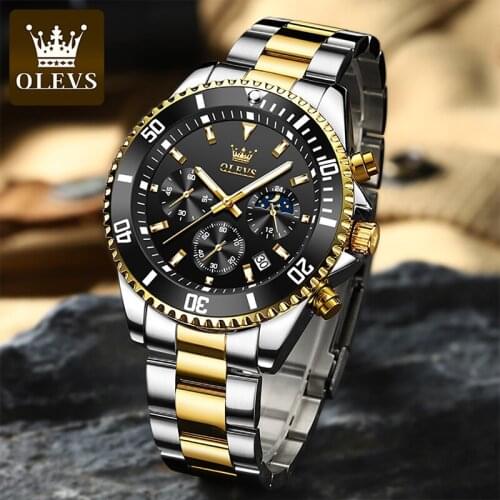 OLEVS Men Multifunction Green Water Ghost Three Eyes Chronograph Quartz Pointer Waterproof Luminous 24 Hours Moon Phase Watches