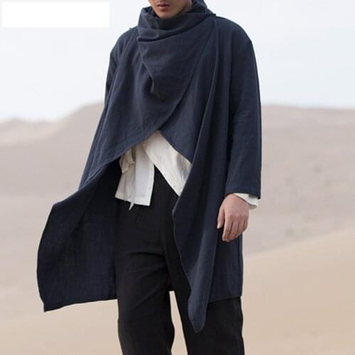 2020 Spring Autumn Men Coats Long Sleeve Jackets Scarf Collar Ponchos Cotton Outwear Solid Cloak Vintage Irregular Trench