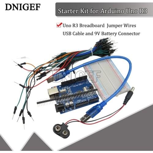 DNIGEF Starter Kit for Arduino Uno R3 - Bundle of 5 Items Uno R3 Breadboard Jumper Wires USB Cable and 9V Battery Connector