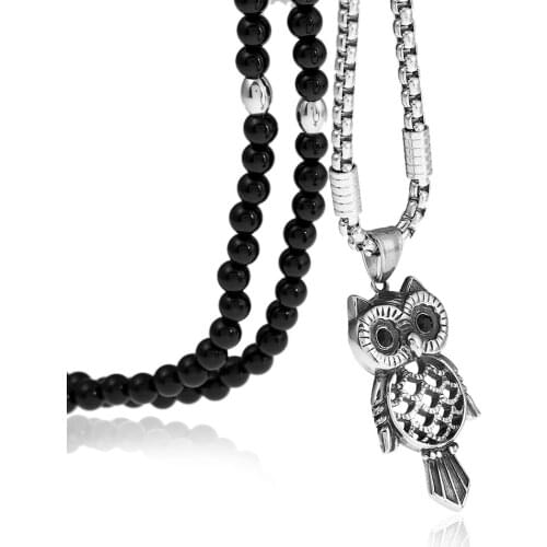 Punk Stainless Steel Black Eye Owl Animal Pendant Necklace with Black Natural Stone Chain 26"