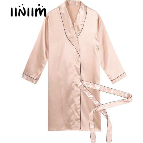 Iiniim Mens Sleepwear Silky Satin V Neck Long Sleeves Bathrobe Nightgown Casual Kimono Robe Loungewear Sleepwear Pajama