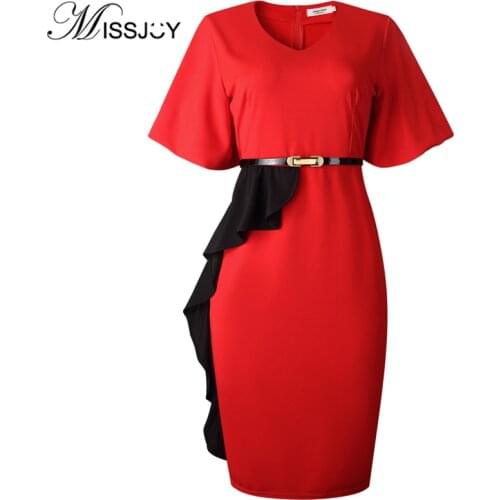 MISSJOY 2020 Summer Dresses For Women Office V-Neck Pencil Puff Sleeves Business Ladies Sexy High Waist Female Patchwork Fashion