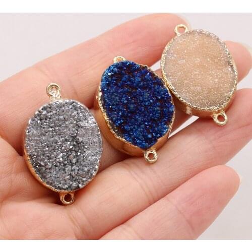 Gold-plated Agates Druzy Pendants Oval Shape Double Hole Connectors for Fashion Jewelry Making Women Necklace Crafts