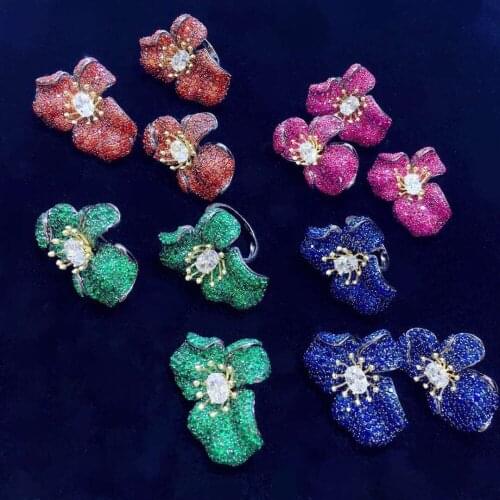 Jewelry sets 925 sterling silver with cubic zircon flower stud earring and ring fine women jewelry rose red blue green color
