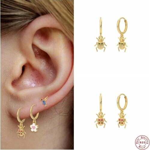 Aide 925 Sterling Silver Unique Beetle Drop Earrings For Women Punk Green Red Zircon Stone Insect Ladybug Vintage Fine Jewelry