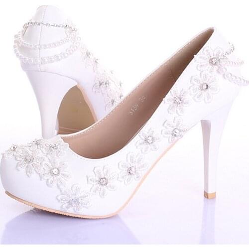Spring And Summer Beautiful Formal Dress Shoes White Lace Flower Bridesmaid Shoes 4 Inches Stiletto Heel Women Platforms