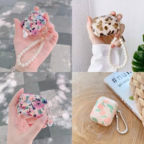 Vintage leopard print pearl bracelet Keychain Headphone Earphone soft case for Apple airpods 1 2 Pro Wireless Headset cover gift