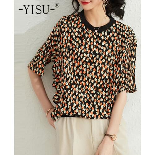 YISU Summer New printing Women Short sleeve T-shirt O-Neck Knitted pullove Women tops Casual Loose Jumper Thin section 2021