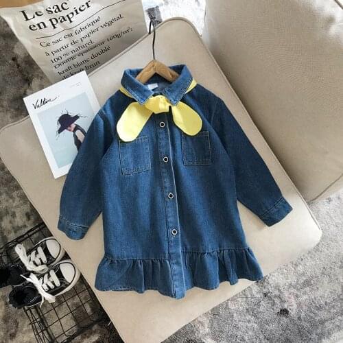 Spring Autumn Girls Denim Dresses with Scarf Bow Cotton Trumpet / Mermaid Skirt Kids Clothes Party Dress for Kids Girl Birthday