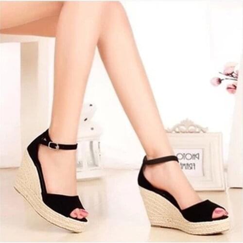 Women Summer Wedge Sandals Female Straw with fish mouth Platform Bohemia High Heel Sandals Fashion Ankle Strap Open Toe Ladies