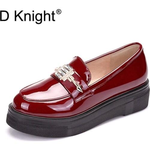 Plus Size 33-43 Women Flat Platform Loafers Fashion Crystal Oxfords Shoes For Woman Patent Leather Casual Creepers Ladies Shoes