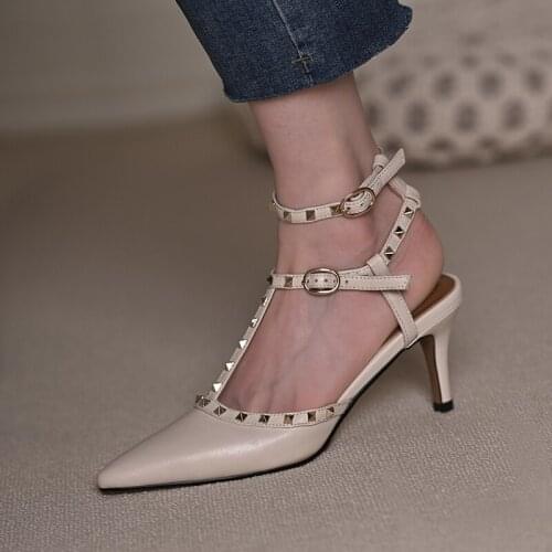 Pumps Rivet Sandals Summer 2021 New Womens Genuine Leather Pointed Thin Heel Slingbacks Sexy Single Shoes High Heels Sandalias