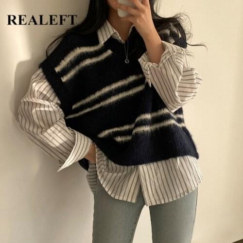 REALEFT 2021 New Stripe Knitted Vest Sweaters for Women Korean Style V Neck Sleeveless Casual Loose Womens Knitting Tops Female
