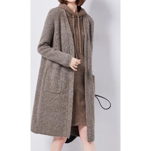 2021 Autumn Winter New Female Mid-length Brown Knit Sweater Cardigan+Letter Hooded Knitted Dress Loose Casual Two Piece Set e078
