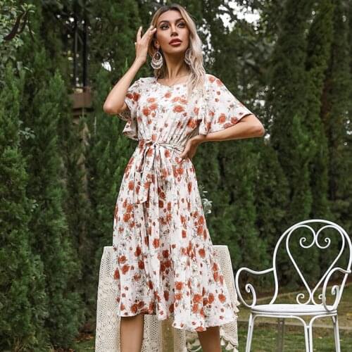 Summer Elegant Women Long Floral Print Dress Pleated Skirt Belt Bowknot Bodycon Vintage Vestido Beach Boho Ruffle Sleeve Dresses
