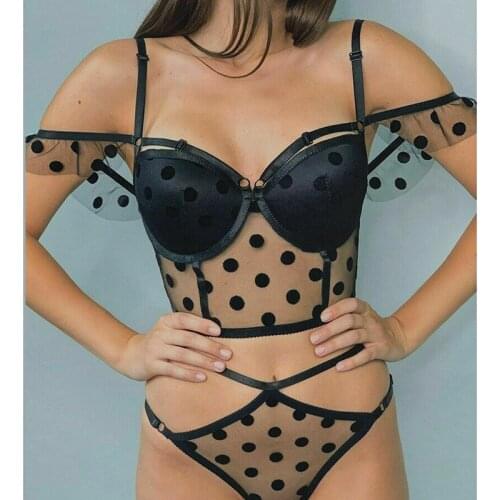 Women Sexy Lingerie Bra Bustier Polka Dot Lace Off shoulder Bralette Bralet Bra Top High waist G-String Underwear Suits 2021