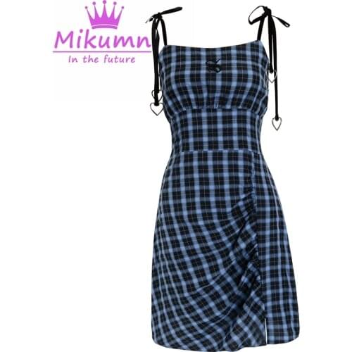 Japanese Harajuku Women Vintage Blue Black Plaid High Waist Slim Sexy Sling Dress Gothic Girls Sleeveless Lace-Up Mini Dresses