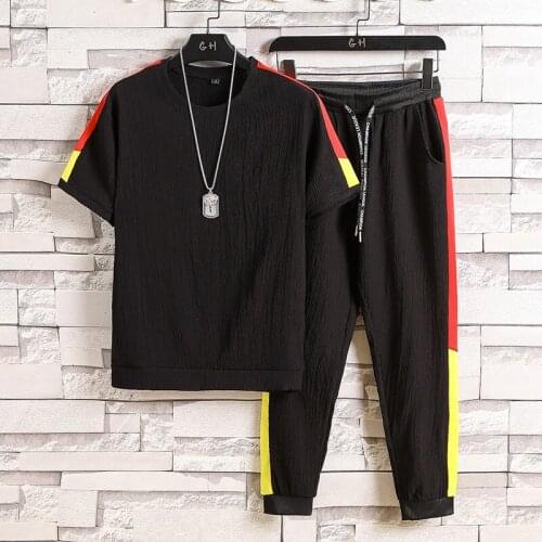 2020 Sweatsuit Mens Tracksuit Set Summer Men Round neck Short Sleeve T Shirts + Joggers Pants Male Black Sportswear Sets M-5XL